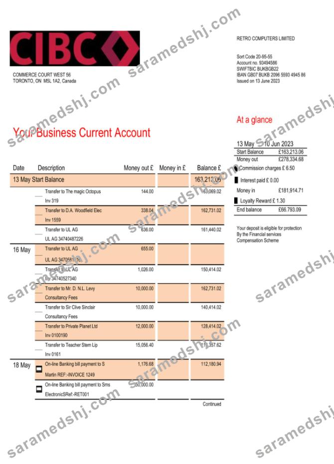 CIBC Bank company checking account statement Word and PDF template